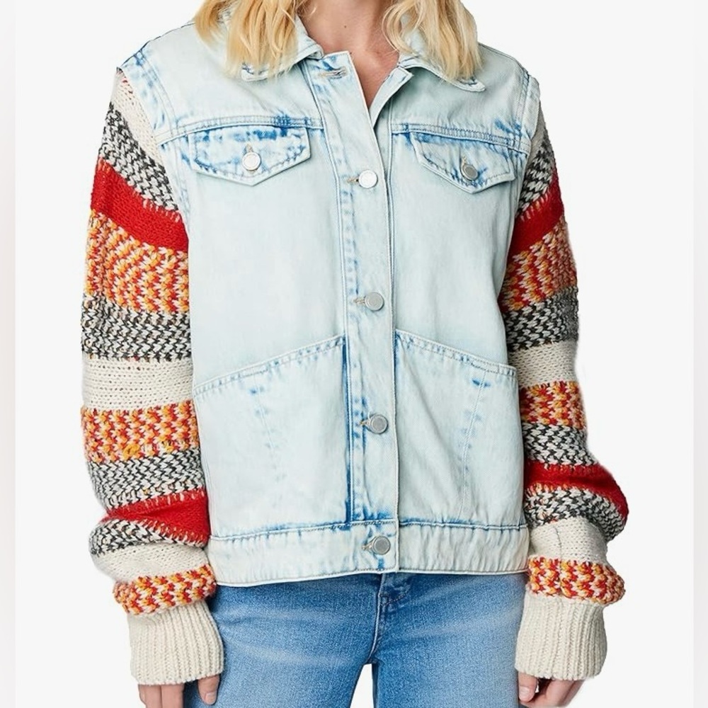 NEW Blank NYC Colorblock Stripe Sweater Sleeve Denim Trucker Jacket Acid Wash M